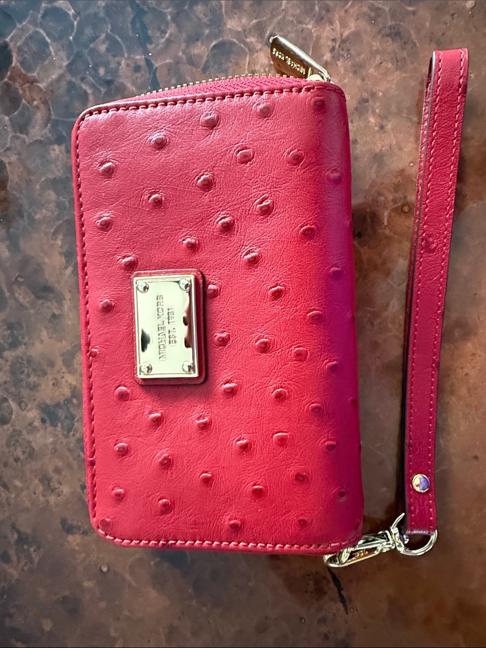 Michael Kors Red Ostrich-Embossed Zip Wristlet
